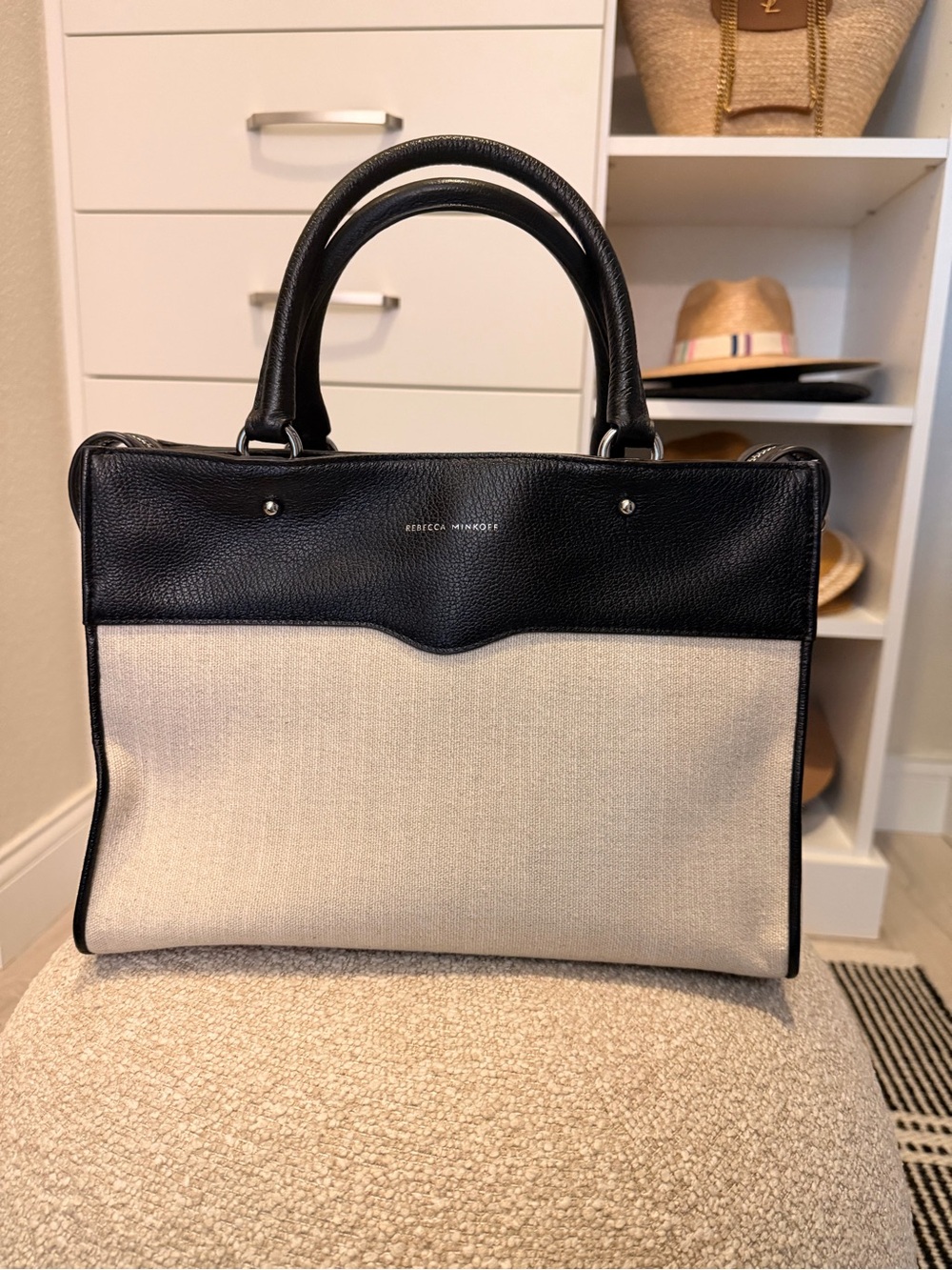Rebecca Minkoff Black and Cream Structured Satchel